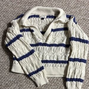 Striped, cropped,Cable Knit Sweater - Cream and Blue